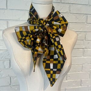 Vintage 60s 70s Geometric Patterned Scarf Tie Bow Black Yellow Brown